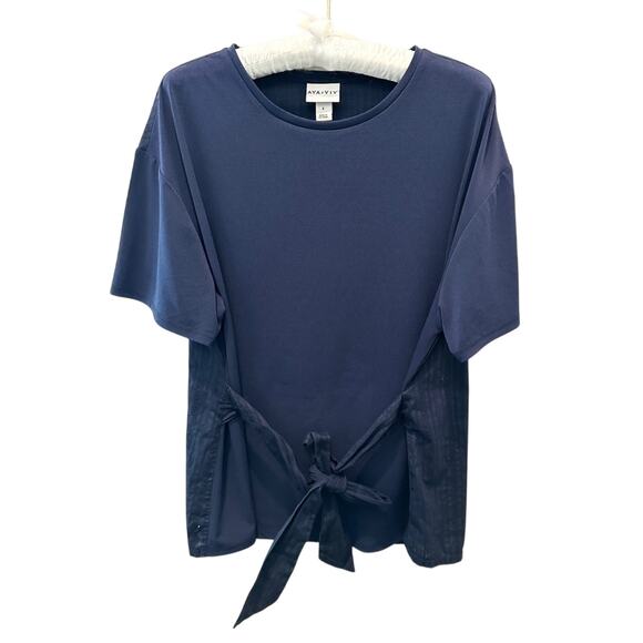 AVA & VIV | Navy Blue Mixed Fabric Knit Blouse Tie Front Short Sleeve Top | 14 - Picture 1 of 6
